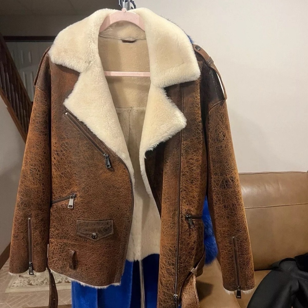 Women Real Sheepskin Flying Jacket Antique Brown Genuine Shearling Coat - Picture 3 of 6